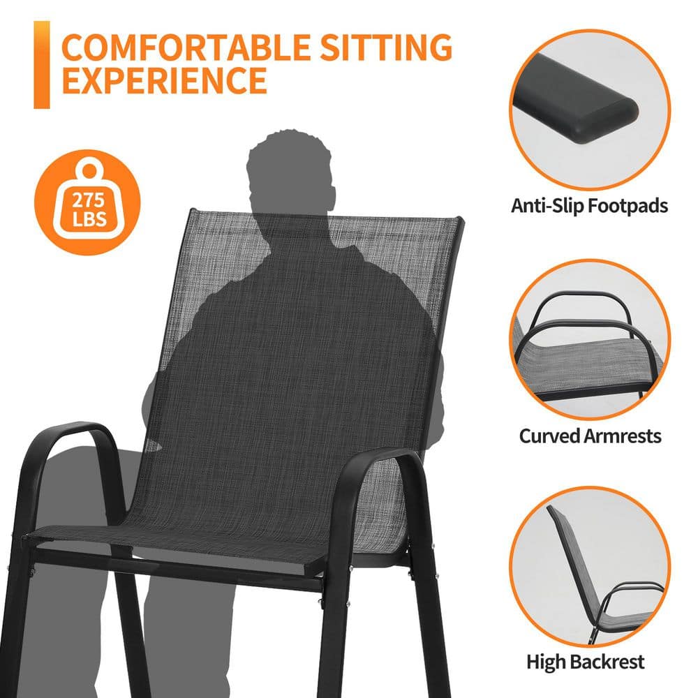 Gray Stackable Steel Frame Outdoor Dining Armchairs, Set of 4