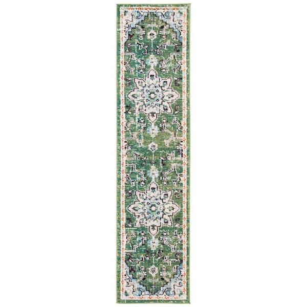 SAFAVIEH Madison Green/Turquoise 2 ft. x 16 ft. Border Geometric Floral Medallion Runner Rug
