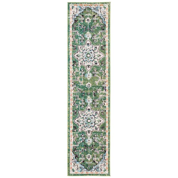Madison Green/Turquoise 2 ft. x 16 ft. Border Geometric Floral Medallion Runner Rug