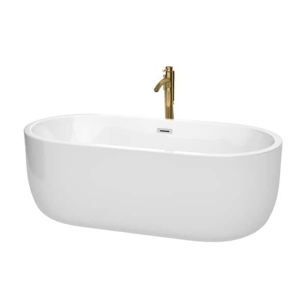 Wyndham Collection Juliette 67 in. Acrylic Flatbottom Bathtub in White with Polished Chrome Trim and Brushed Gold Faucet