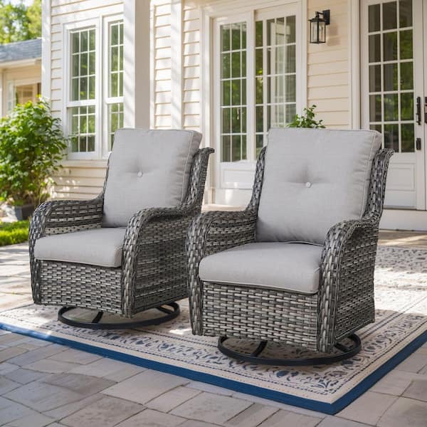 7-Piece Gray Wicker Fire Pit Conversation Set with Olefin Gray Cushions and 4 Swivel Glider Chairs and Side Tables