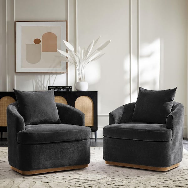 Irene Black Polyester Swivel Armchair with Solid Wood Legs Set of 2