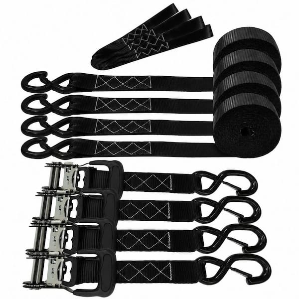 8 ft. x 1.5 in. Ratchet Tie Down Straps Heavy Duty Set Wear-Resistant S-Hook Motorcycle Cargo 4 Pack