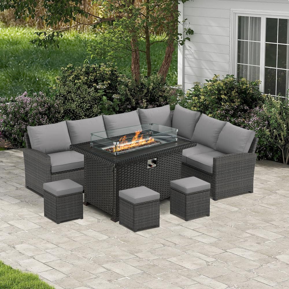 Rattan corner set with best sale fire pit