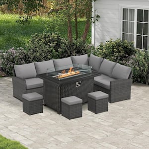 7-Piece Wicker Patio Conversation Set with Gray Cushions with 44 in. 50,000 BTU Propane Gas Fire Pit with Wind Guard