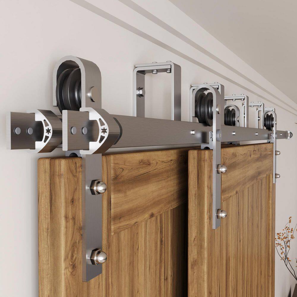 Brushed Nickel Double Track Bypass Sliding Barn Door Hardware Kit