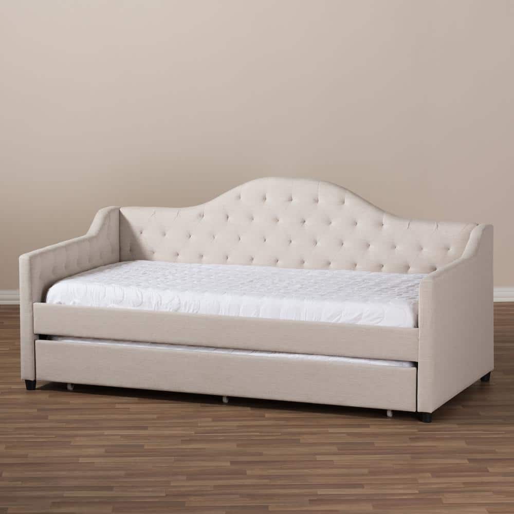 Beige Twin Upholstered Daybed with Tufted Headboard and Trundle