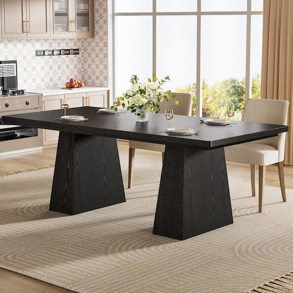 BYBLIGHT Roesler Black Wood 63 in. Pedestal Dining Table Seats-6, Modern Kitchen Table with Heavy Duty Legs for Home, Dining Room