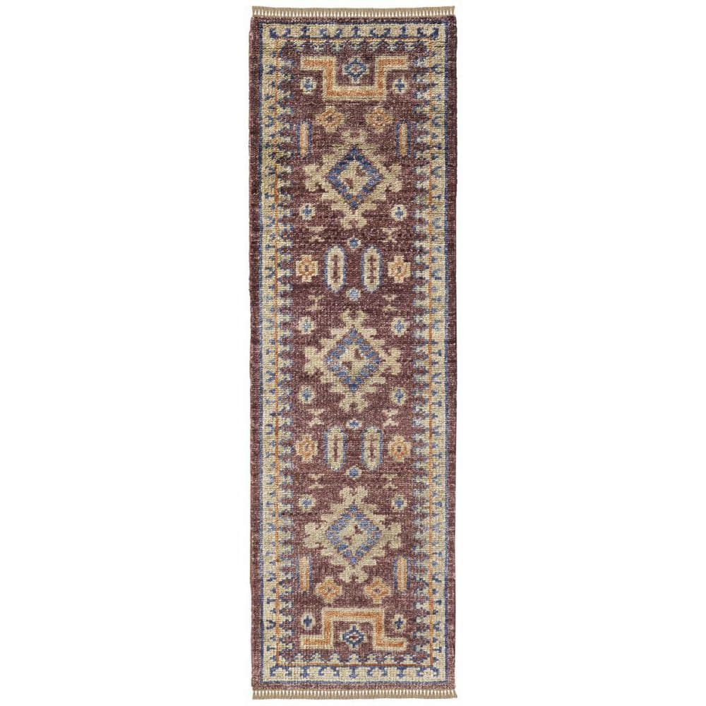Hand-Knotted Red Wool Runner Rug with Geometric Pattern
