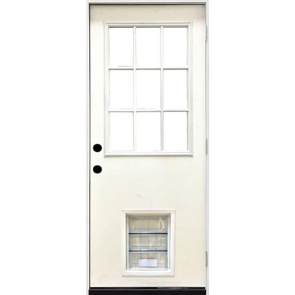 Steves & Sons 36 in. x 80 in. Reliant Series White Primed LHOS 9 Lite Fiberglass Prehung Back Door with Extra Large Pet Door