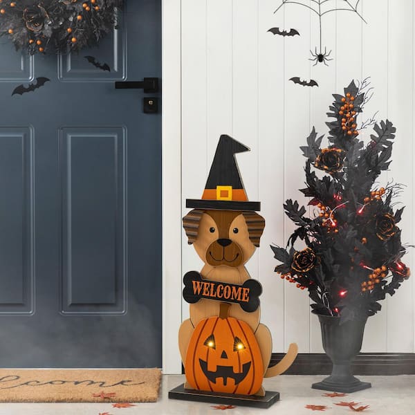 Glitzhome 30 in. H Halloween Wooden Lighted Witch Dog Porch Decor