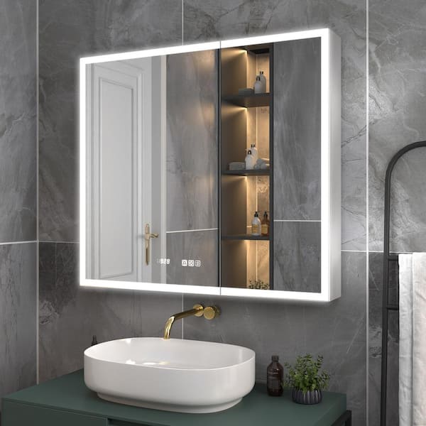 36 in. W x 32 in. H, Rectangular Silver Aluminum Recessed/Surface Mount Medicine Cabinet with Mirror, LED and Clock