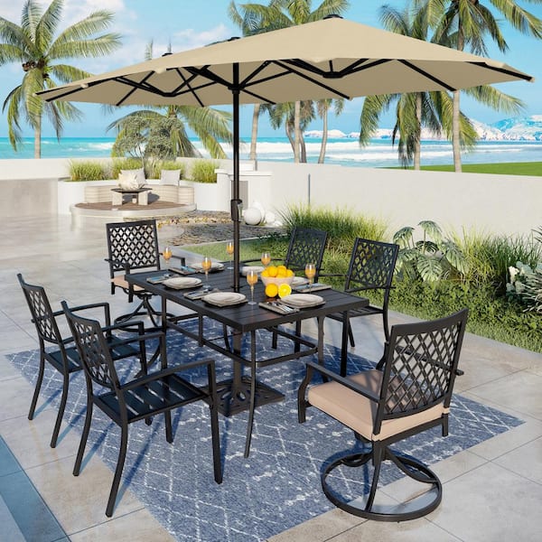 PHI VILLA 8-Piece Metal Outdoor Patio Dining Set with Umbrella