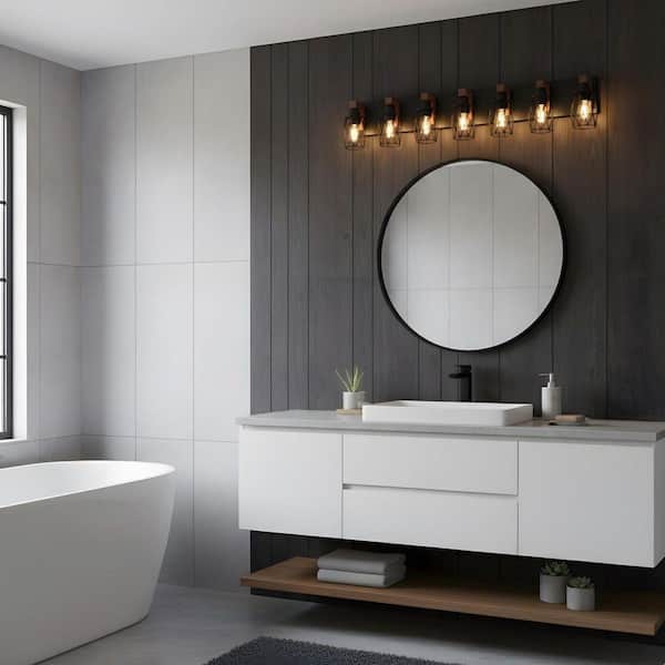 44.3 in. 7-Light Walnut Bathroom Vanity Light Fixture with Black Metal Cage Shade