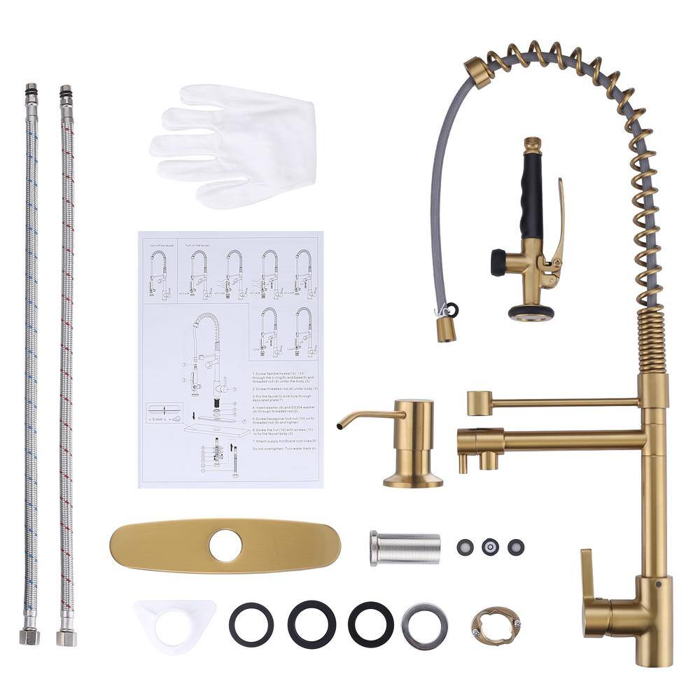 Brushed Gold Commercial High-Arc Kitchen Faucet with Pull-Out Spray