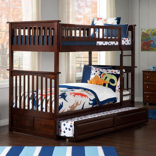 AFI Columbia Bunk Bed Twin over Twin with Twin Raised Panel Trundle Bed in Walnut