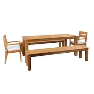 Callahan Natural Brown 5-Piece Teak Wood Rectangle Table Outdoor Dining Set with Antique White Polyester Cushions