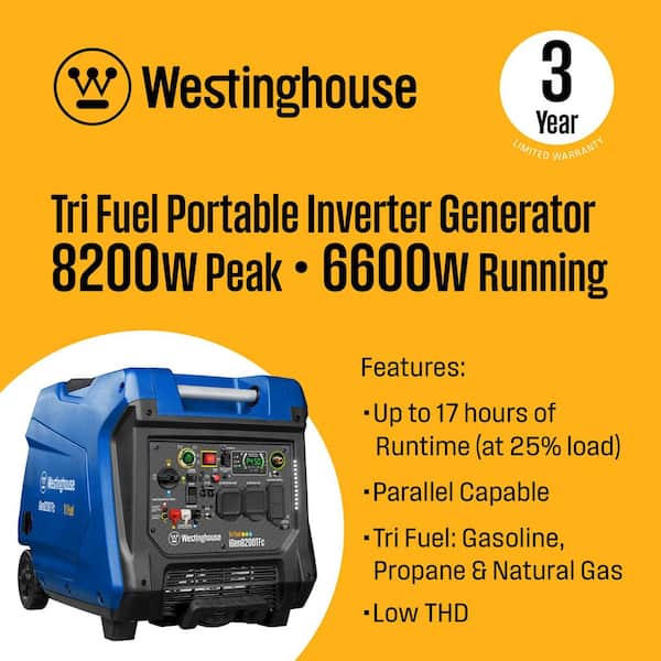 8,200-Watt Remote Electric Start Tri Fuel Gas, Propane, Natural Gas Powered Inverter Generator with CO Sensor