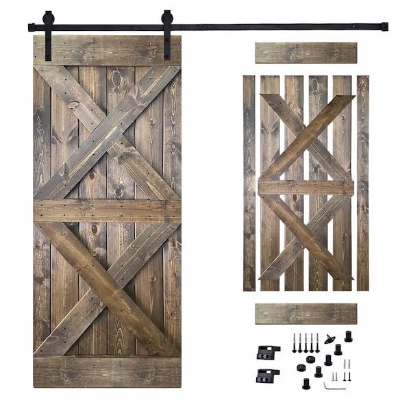 Akicon 30 in. x 84 in. Dark Brown Painted Wood Sliding Door with Hardware Kit, Pre-Drilled Ready to Assemble