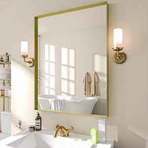 28 in. W x 36 in. H Rectangular Aluminum Framed Wall Bathroom Vanity Mirror in Gold