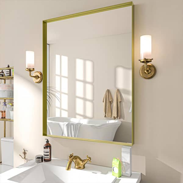 TOOLKISS 28 in. W x 36 in. H Rectangular Aluminum Framed Wall Bathroom Vanity Mirror in Gold