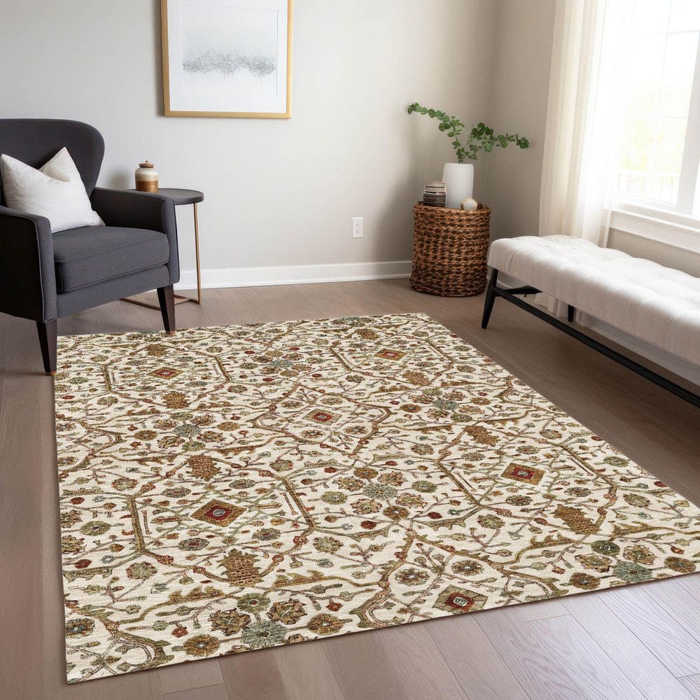 Ivory and Multicolor Synthetic Flat Woven Washable Rug, 5' x 7'