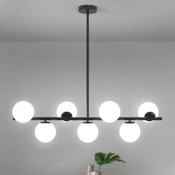 35.8 in. 7-Light Black Farmhouse Chandelier with White Glass Globe Mid Century Kitchen Island Light Fixture