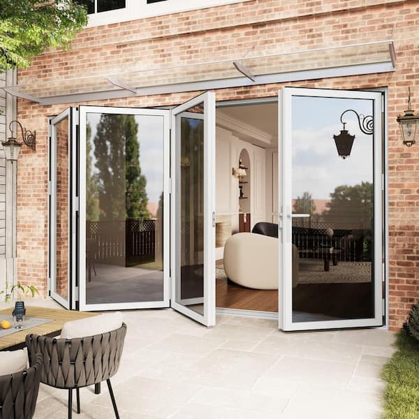 144 in. x 80 in. Left Center Opening/Outswing Double Tempered Glass White Aluminum Folding Patio Door