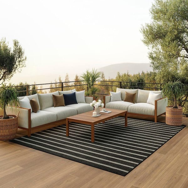 Positano Black Ivory 9 ft. x 12 ft. Stripes Contemporary Area Rug