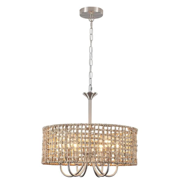 6-Light Nickel Hanging Ceiling Candlestick Linear Chandelier Lighting with Rattan Shaded for Kitchen Island