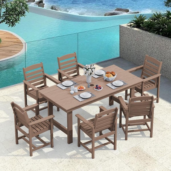 JEAREY HDPE 7-Piece Plastic Rectangle Table Standard Height Outdoor Dining Set in Brown