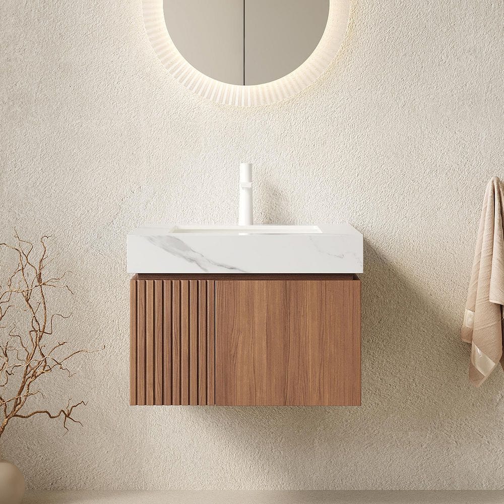 24 in. W x 19 in. D x 18 in. H Single Sink Floating Bath Vanity in Brown Oak with White Sintered Stone Top price history on PriceWatchPro