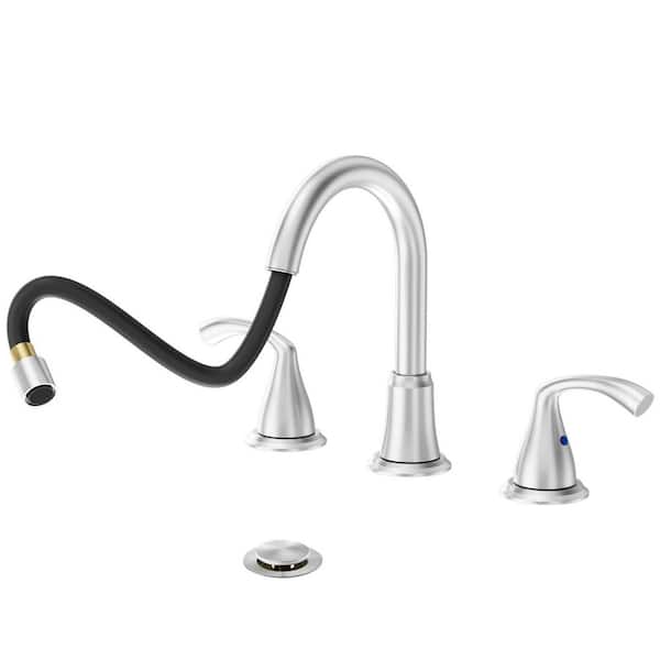 8 in. Brushed Nickel Antique Rotatable Widespread Bathroom Faucet-Pull-Out Sprayer, Metal Pop-Up Drain