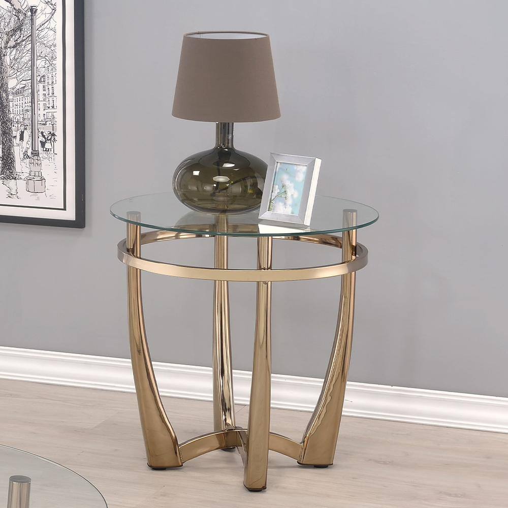 Champagne Metal and Clear Glass Round End Table, 23"