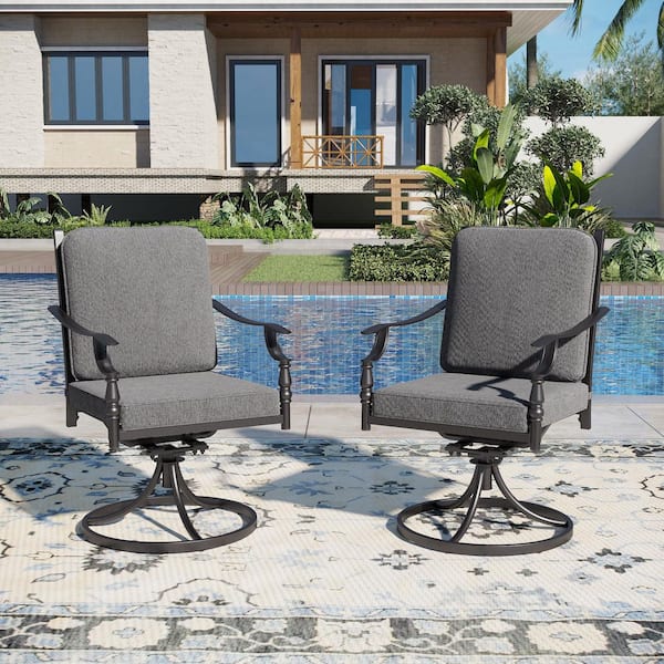 Black Metal Swivel Gourd-shaped Design Patio Outdoor Dining Chair with Gray Cushion (2-Pack)