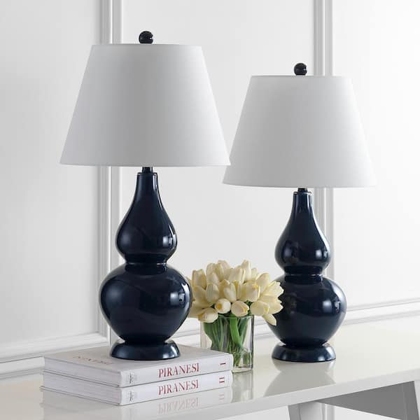 Cybil 26.5 in. Navy Double Gourd Glass Table Lamp with Off-White Shade (Set of 2)
