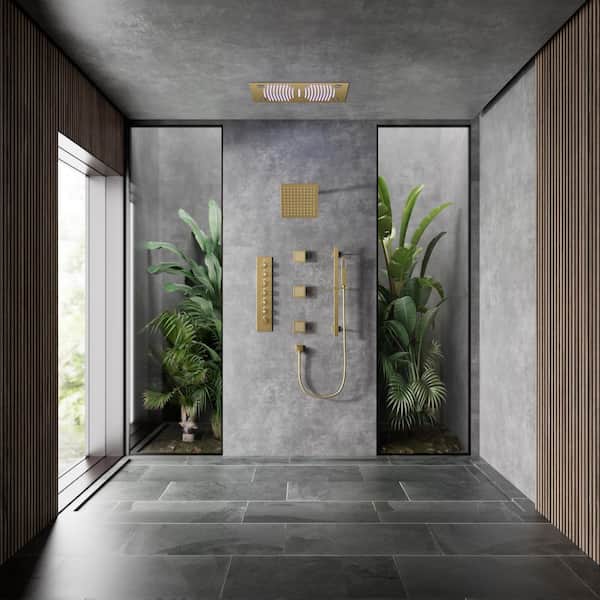Large 63-Spray 28L in. and 8 in. Dual ShowerHead Ceiling Mount Fixed and Handheld Shower Head in Brush Gold 2.5GPM