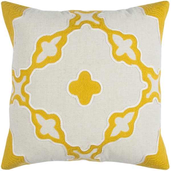 Unbranded Ivory/Gold Geometric Medallion Chain Stitch Embroidery Cotton Poly Filled 20 in. x 20 in. Decorative Throw Pillow