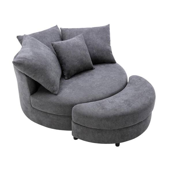 Dark Gray Linen Barrel Chair with Storage Ottoman and 4-Pillows