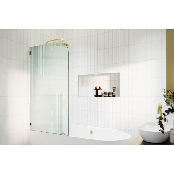 Aurora 30 in. W x 58.25 in. H Left-Hand Single Fixed Frameless Fluted Frosted Bath Panel Radius Shower Tub Door