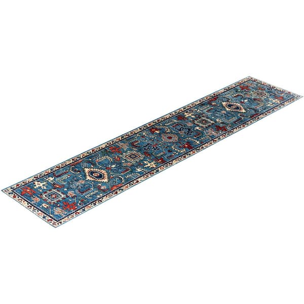 Serapi Light Blue 3 ft. x 12 ft. Tribal Wool Indoor Area Rug