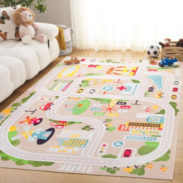 Santa Monica Kids 4 ft. x 6 ft. Beige/Ivory Town Roads Washable Area Rug