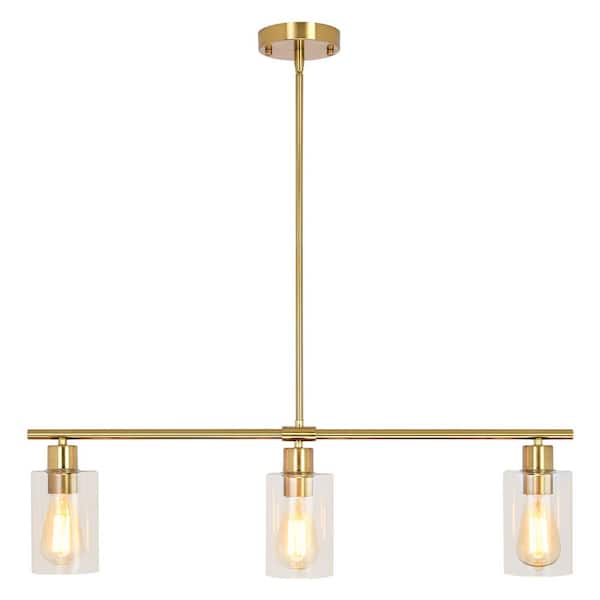 3-Light Brass Chandelier for Kitchen Island with Clear Glass Shades