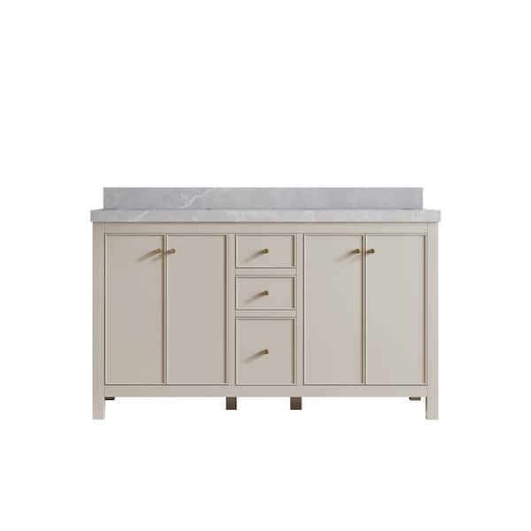 Willow Collections Chicago 60 in. Double Sink Freestanding Fine Grain Bath Vanity with Pearl Gray Qt. Top Unassembled