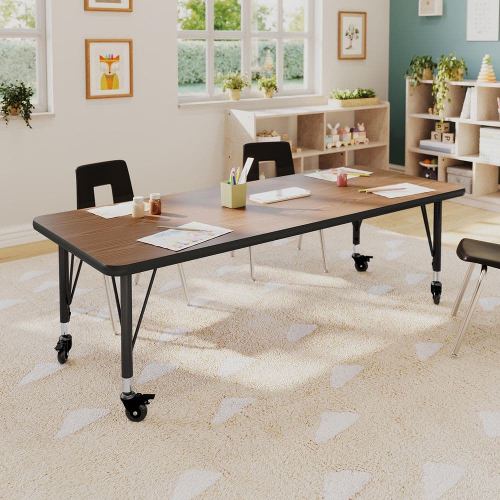 Wren Adjustable Oak Top/Black Frame Rectangle Kids Activity Table with Thermal Laminate Top for 4