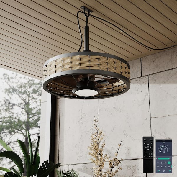 20 in. Boho Rattan Black Plug-In Outdoor Ceiling Fan with Light Rope Hook Portable Fandelier LED Ceiling Fan with Remote
