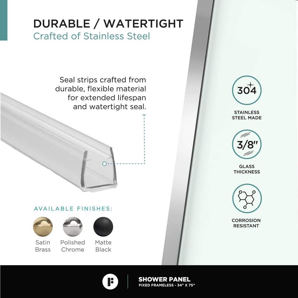 34'' W x 74.25'' H Clear Tempered Glass Shower Panel with Chrome Finish