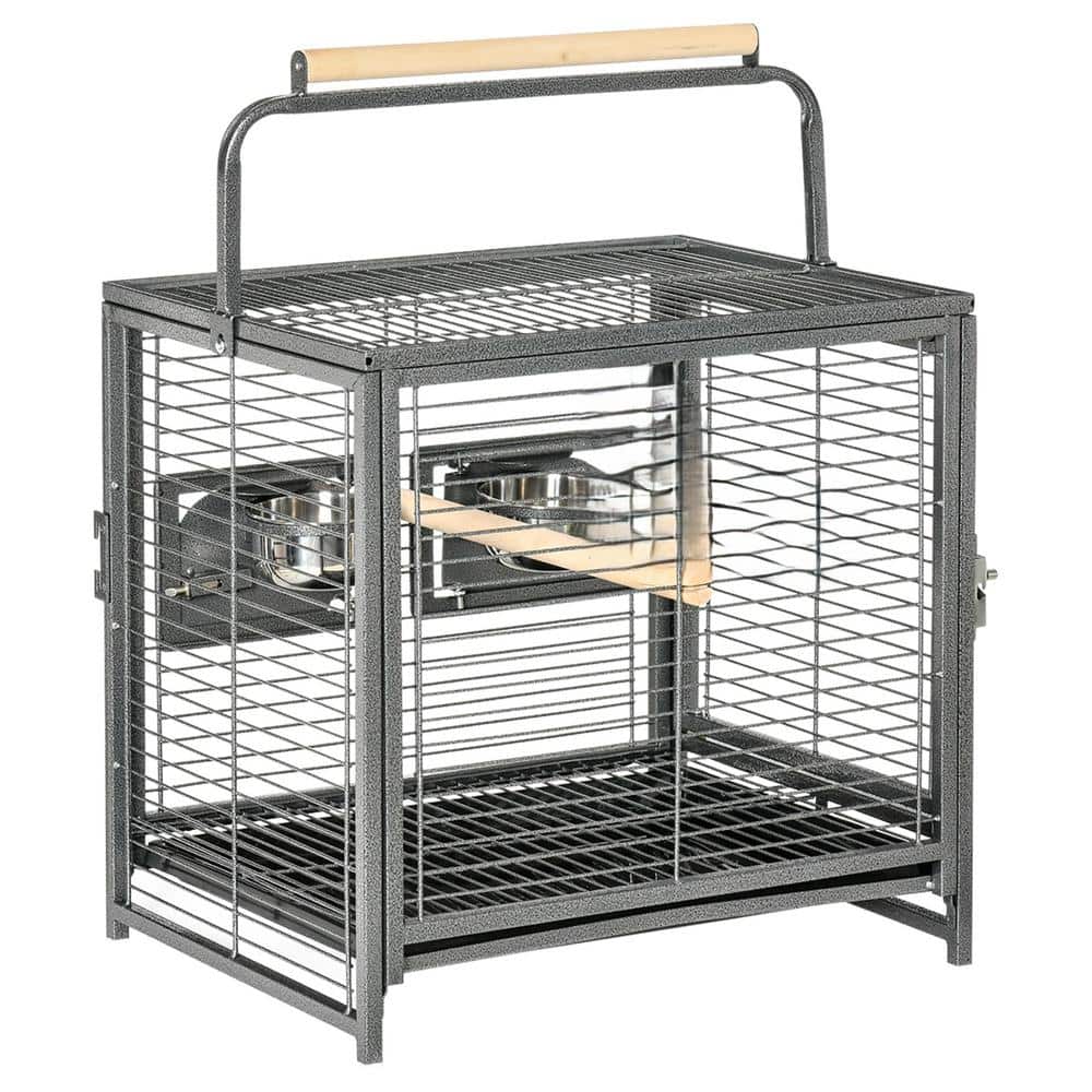 19" Travel Birds Cage Parrot Carrier Bird House with Handle Wooden Perch and Bowls for Cockatiels and Conures in Black