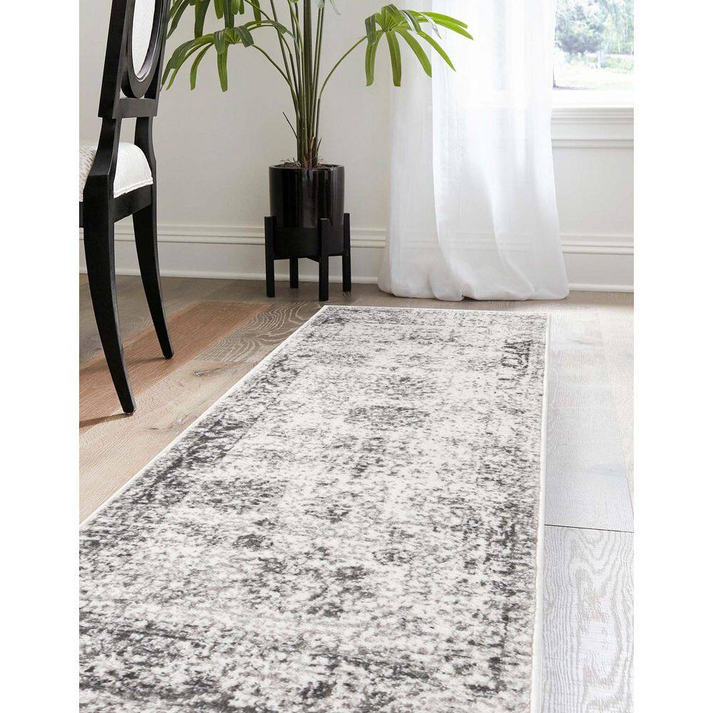 Elegant Gray Synthetic Indoor Runner Rug, Easy Care & Stain-Resistant
