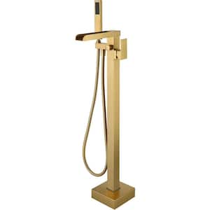 Single-Handle Floor Mount Roman Tub Faucet with Hand Shower in Brushed Gold